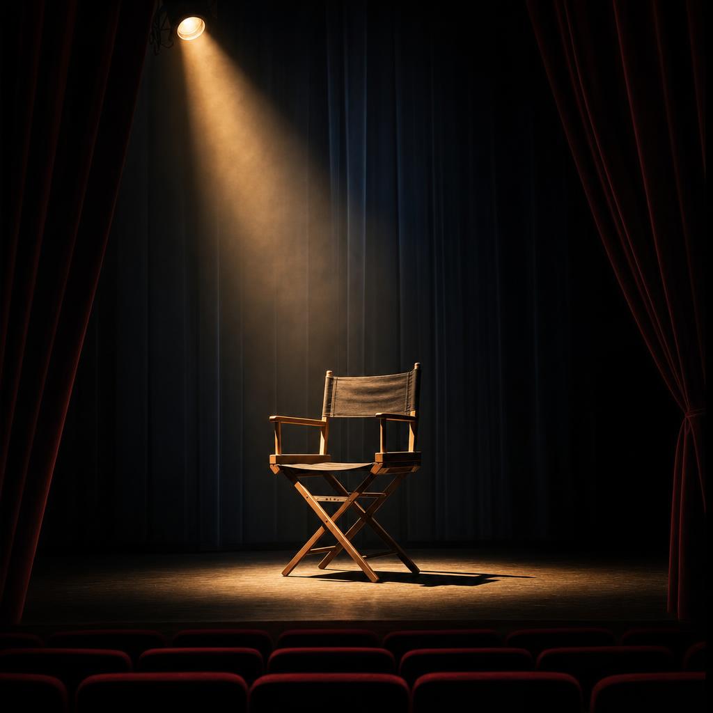 A director’s chair under a spotlight on a dark stage
