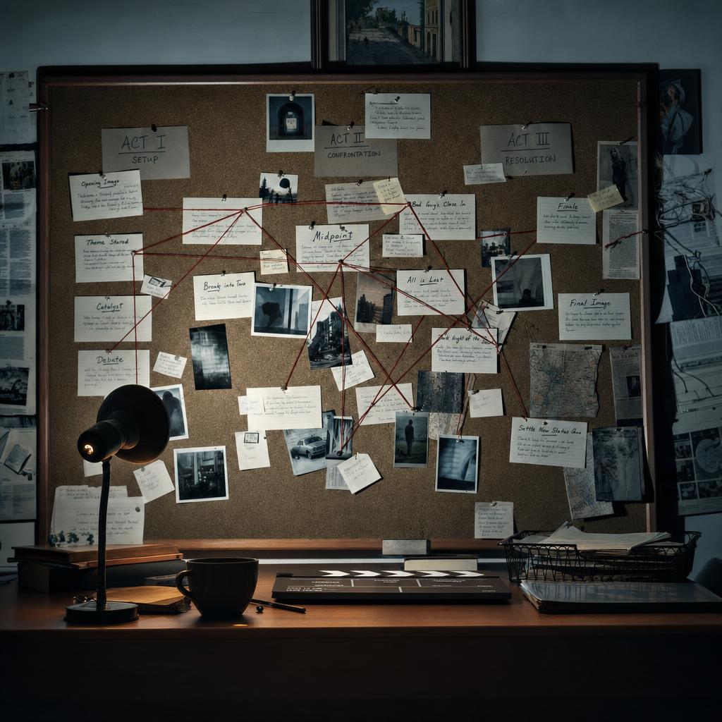 A storyboard wall with index cards and yarn connecting story beats