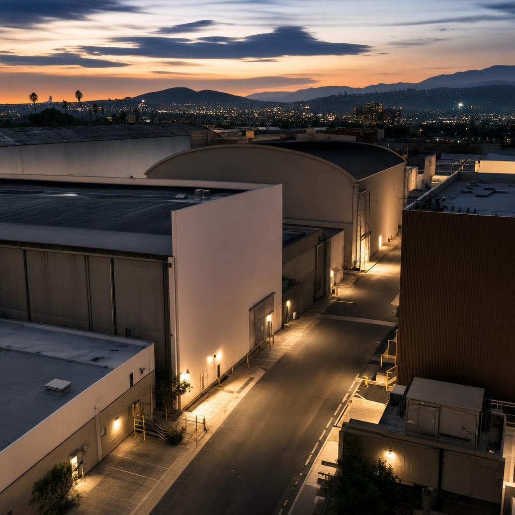 A film studio lot with soundstages and a water tower at dusk
