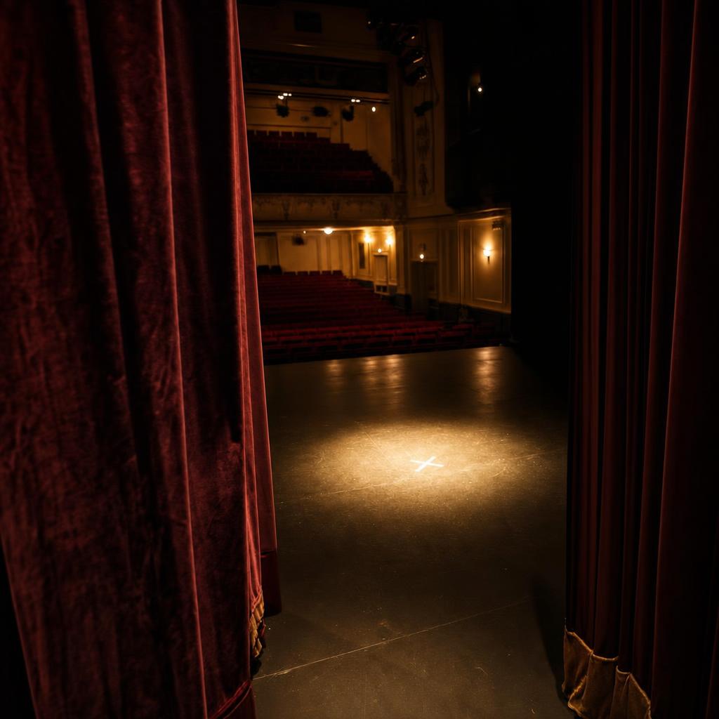 An empty stage with a spotlight on an actor's mark