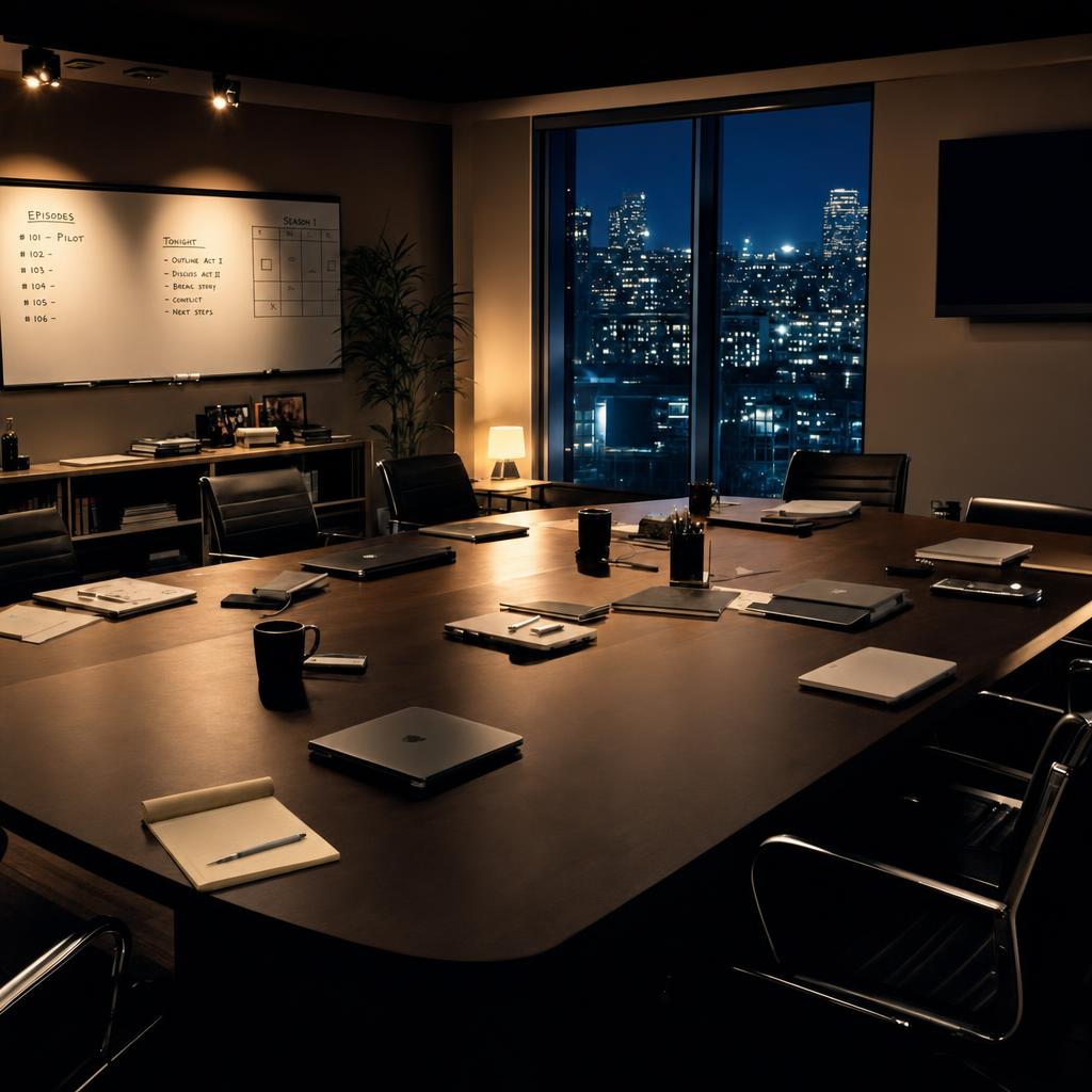 A writers’ room with laptops and notebooks at night